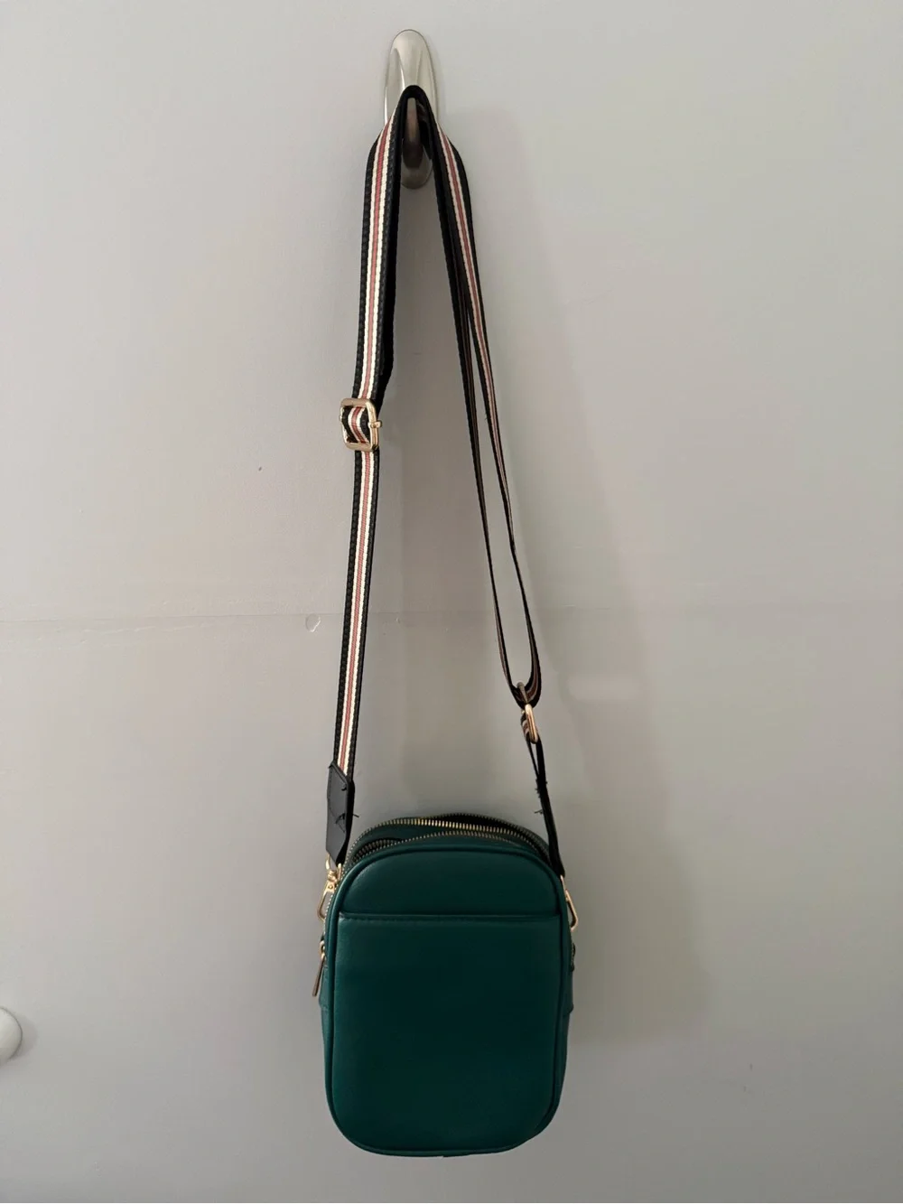 Women's Dark Green Crossbody Bag with Striped Adjustable Strap